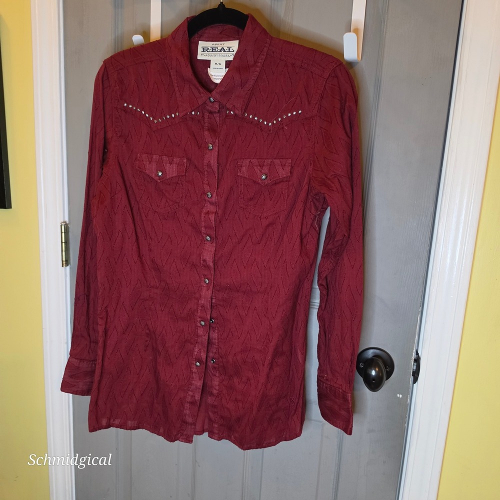Ariat REAL Borrendo Western Shirt Womens Medium Burgundy Studded Cotton Snap